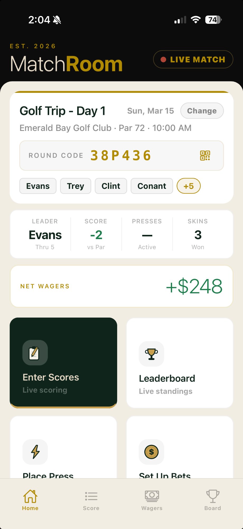 MatchRoom home screen